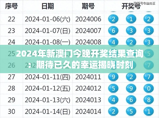 2024年新澳门今晚开奖结果查询：期待已久的幸运揭晓时刻