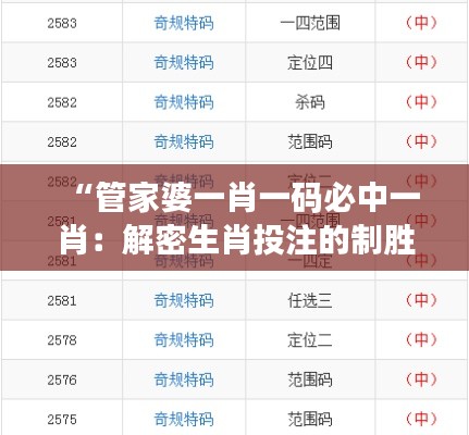 “管家婆一肖一码必中一肖：解密生肖投注的制胜秘诀”